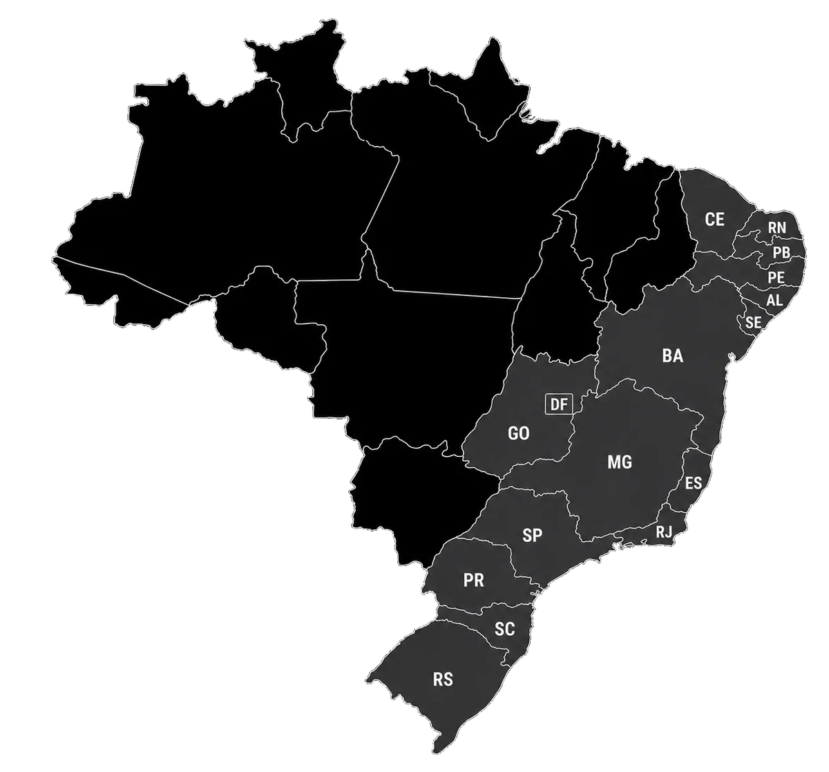 Mapa do Brasil com estados de atuação destacados